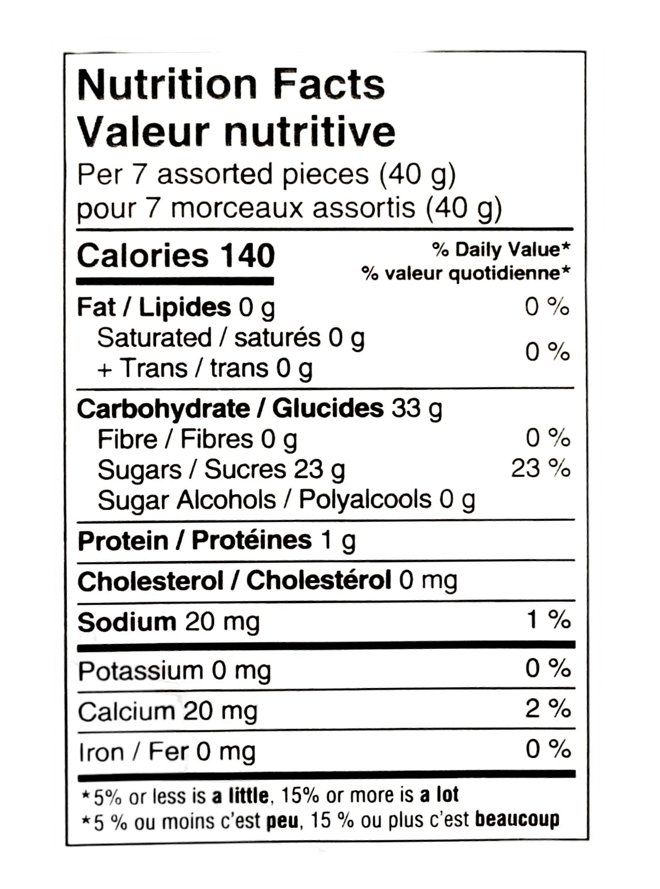 Compliments Mega Mix Sour Assorted Candy, 800g, nutrition facts label.
