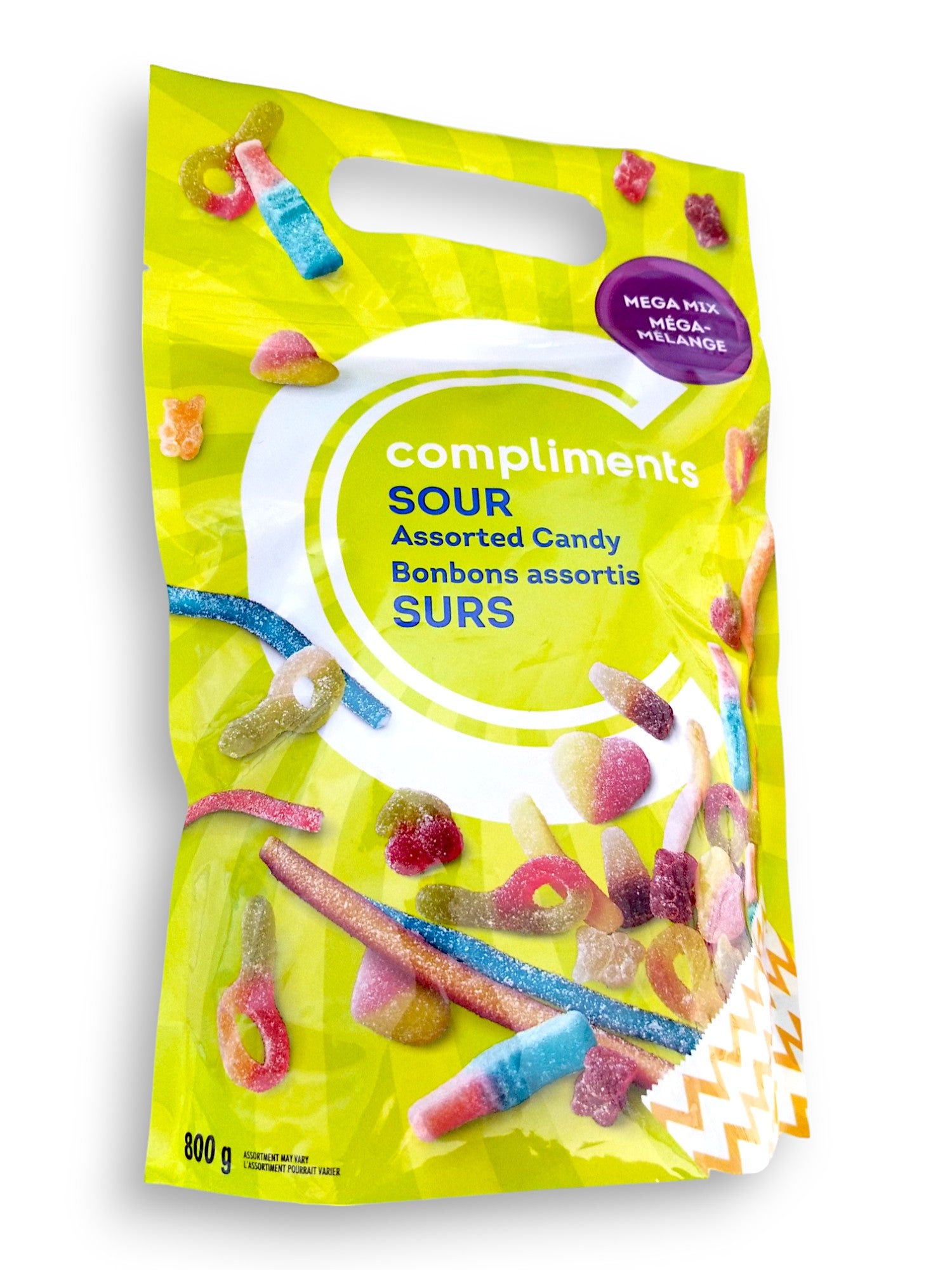 Compliments Mega Mix Sour Assorted Candy, 800g, front of bag.