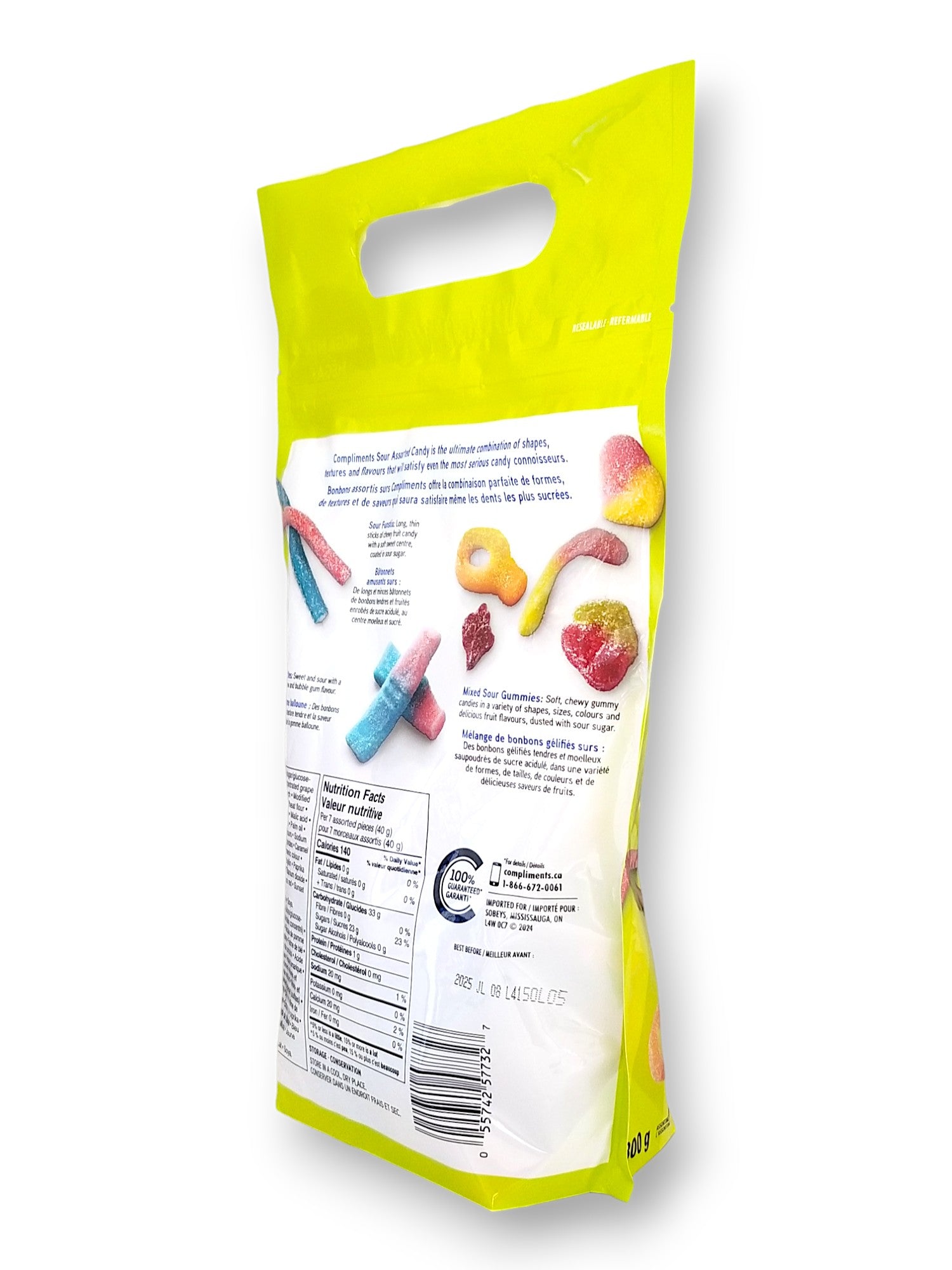 Compliments Mega Mix Sour Assorted Candy, 800g, side of bag.