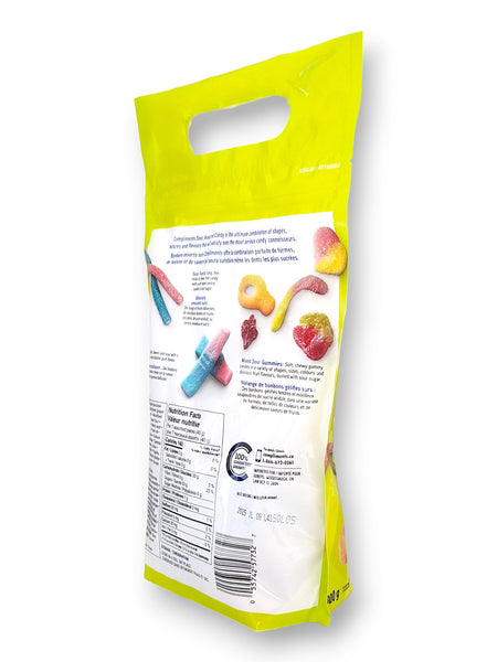 Compliments Mega Mix Sour Assorted Candy, 800g, side of bag.