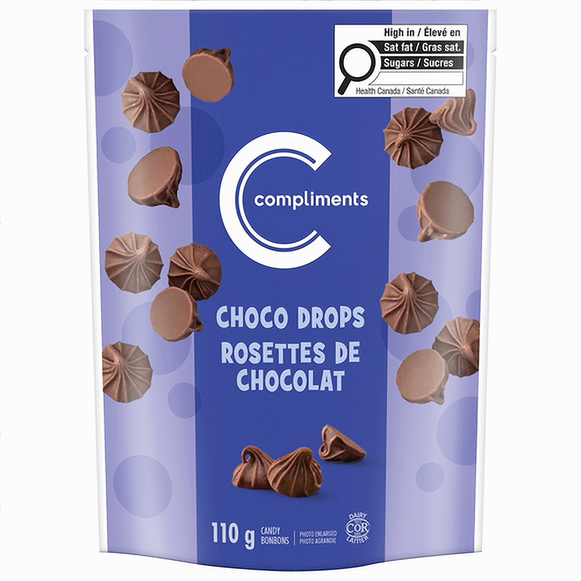 Packaging of Compliments Choco Drops 110g with a blue background and chocolate drops on it.