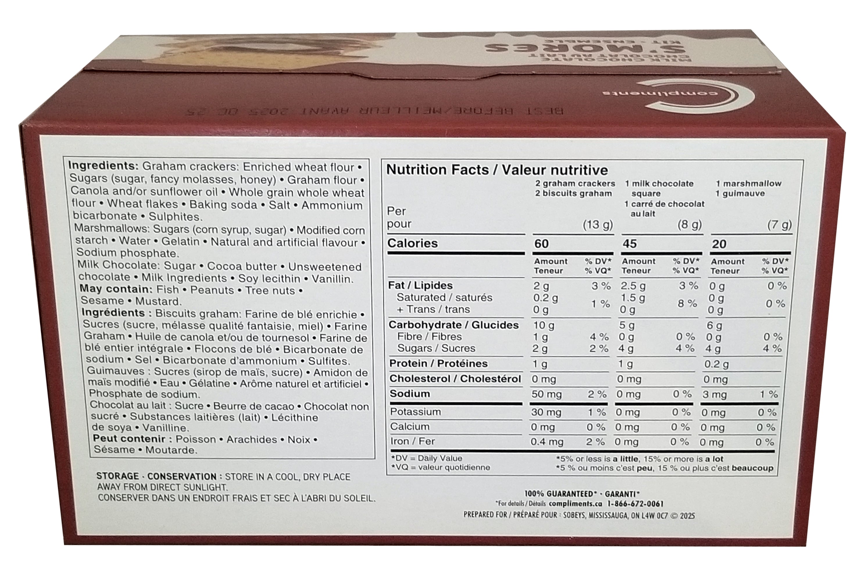 Compliments Milk Chocolate S'mores Kit, Makes 12 S'mores, 442g/15.9 oz - Nutrition label on a product packaging with ingredients and nutritional information.