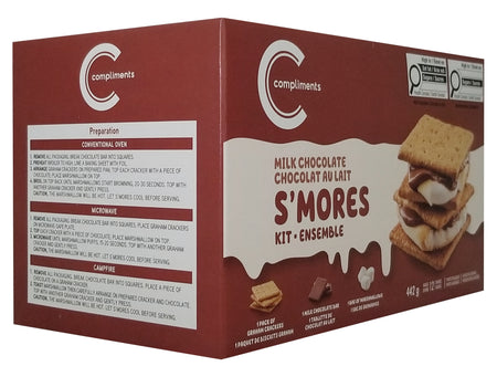 Compliments Milk Chocolate S'mores Kit, Makes 12 S'mores, 442g/15.9 oz - Side of Compliments S'mores kit packaging with instructions and a s'mores illustration on a white background