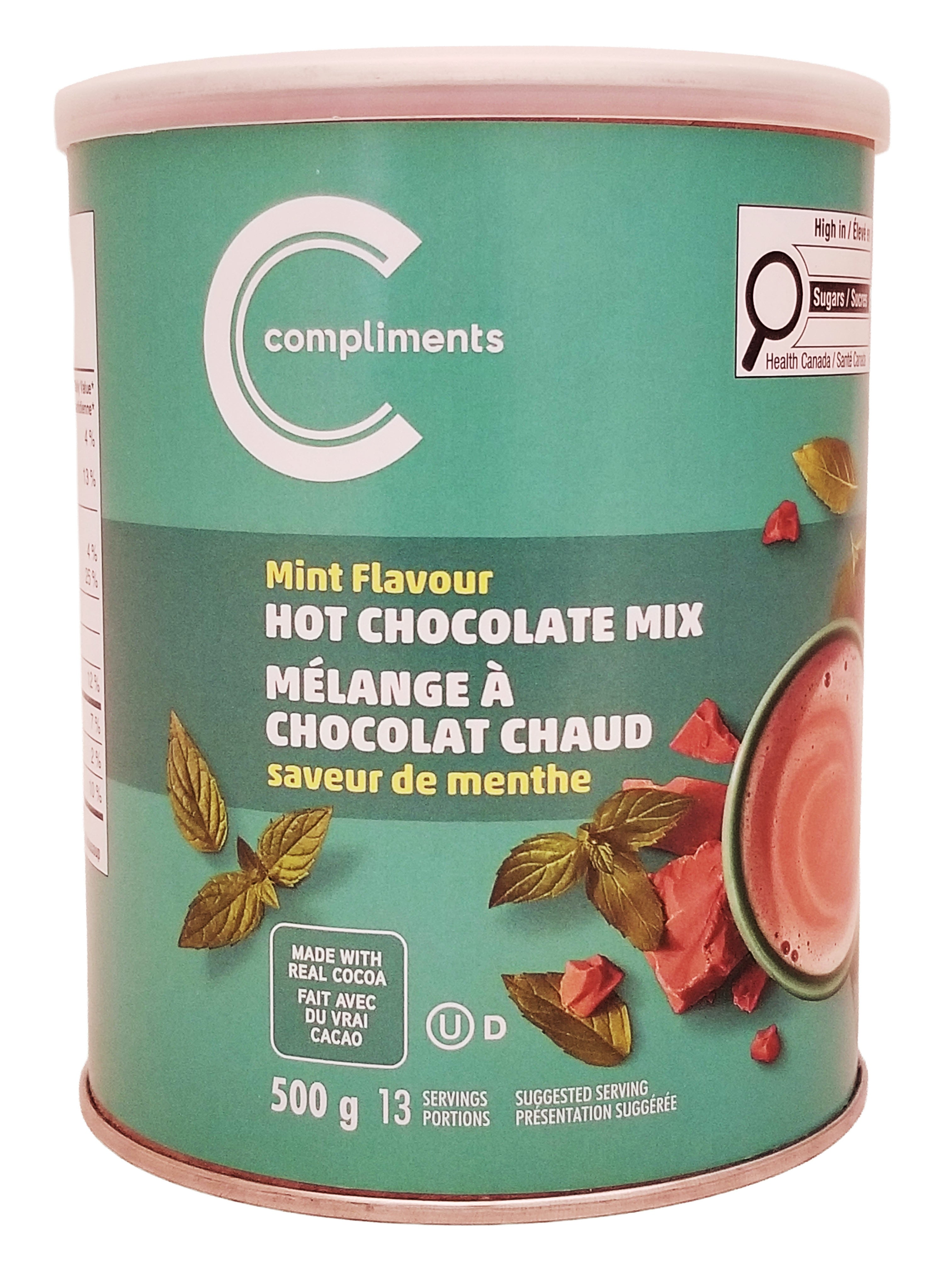 Compliments mint-flavored hot chocolate mix 500g can on a white background