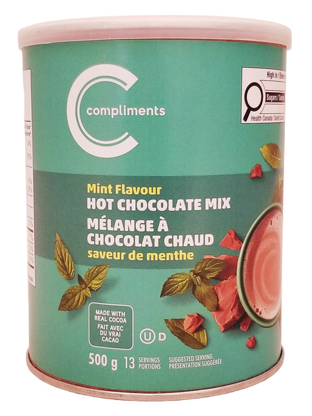 Compliments mint-flavored hot chocolate mix 500g can on a white background
