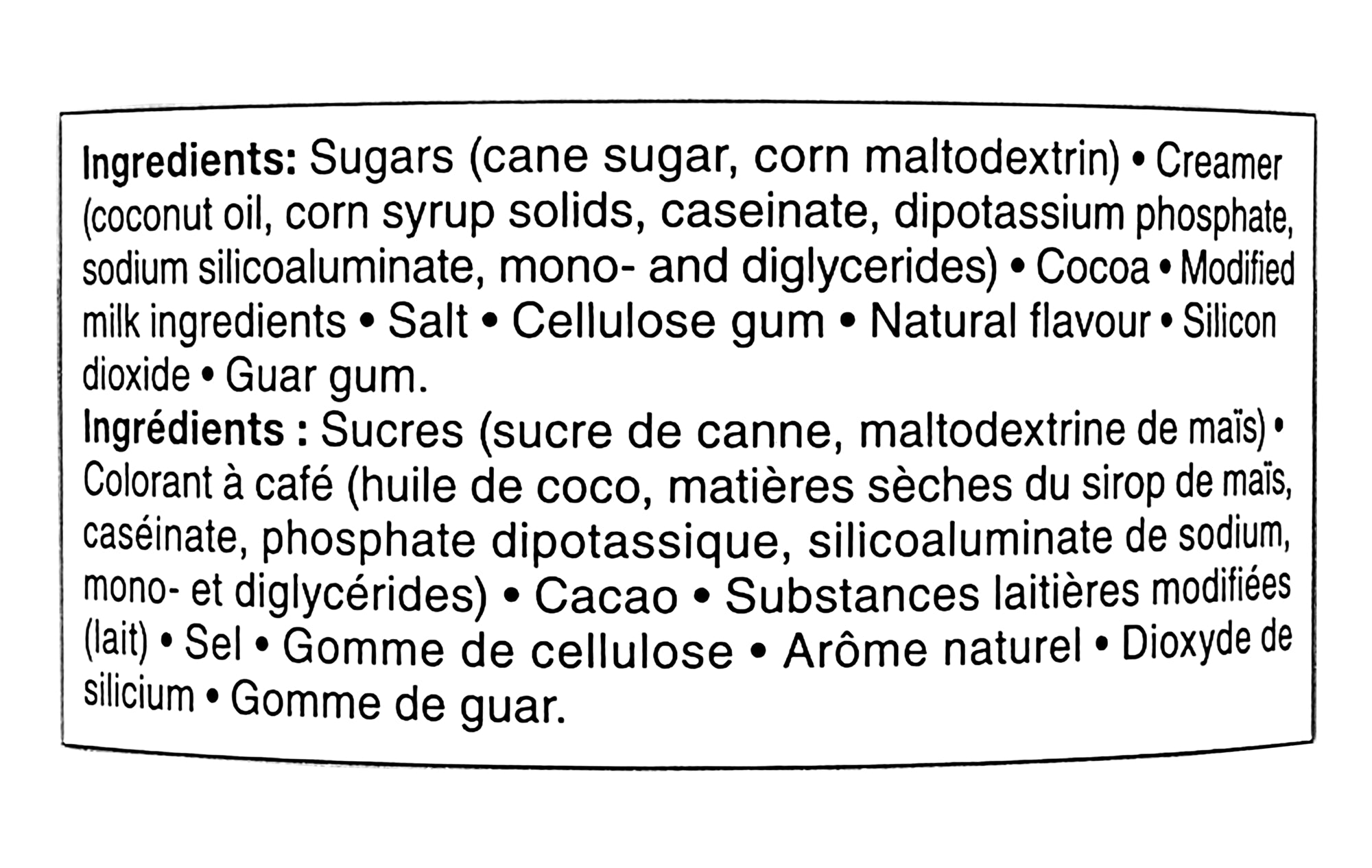 Ingredients list for Compliments Mint Instant Hot Chocolate Mix - 500g on a black background
