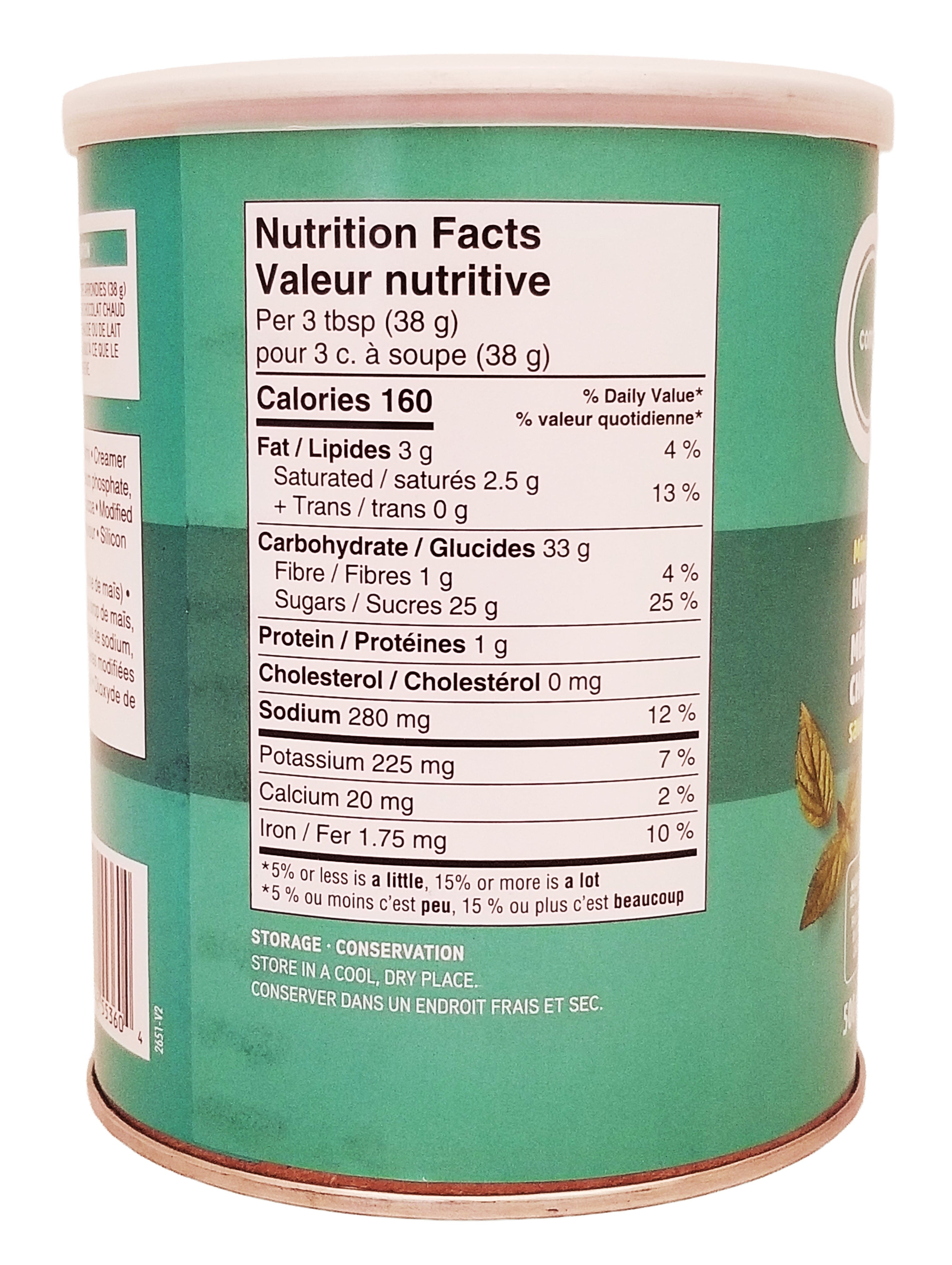 Nutrition facts label for Compliments Mint Instant Hot Chocolate Mix - 500g on a green container
