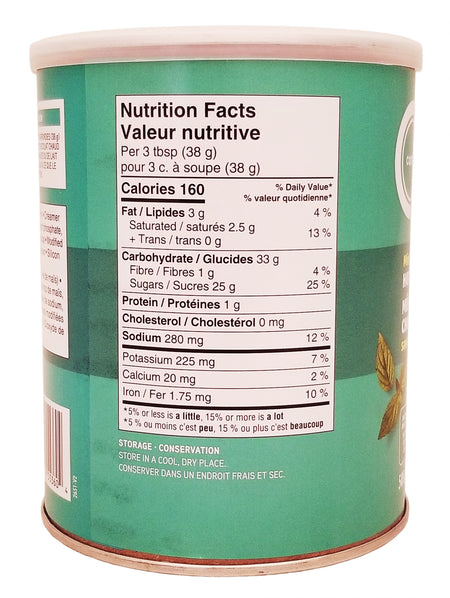 Nutrition facts label for Compliments Mint Instant Hot Chocolate Mix - 500g on a green container
