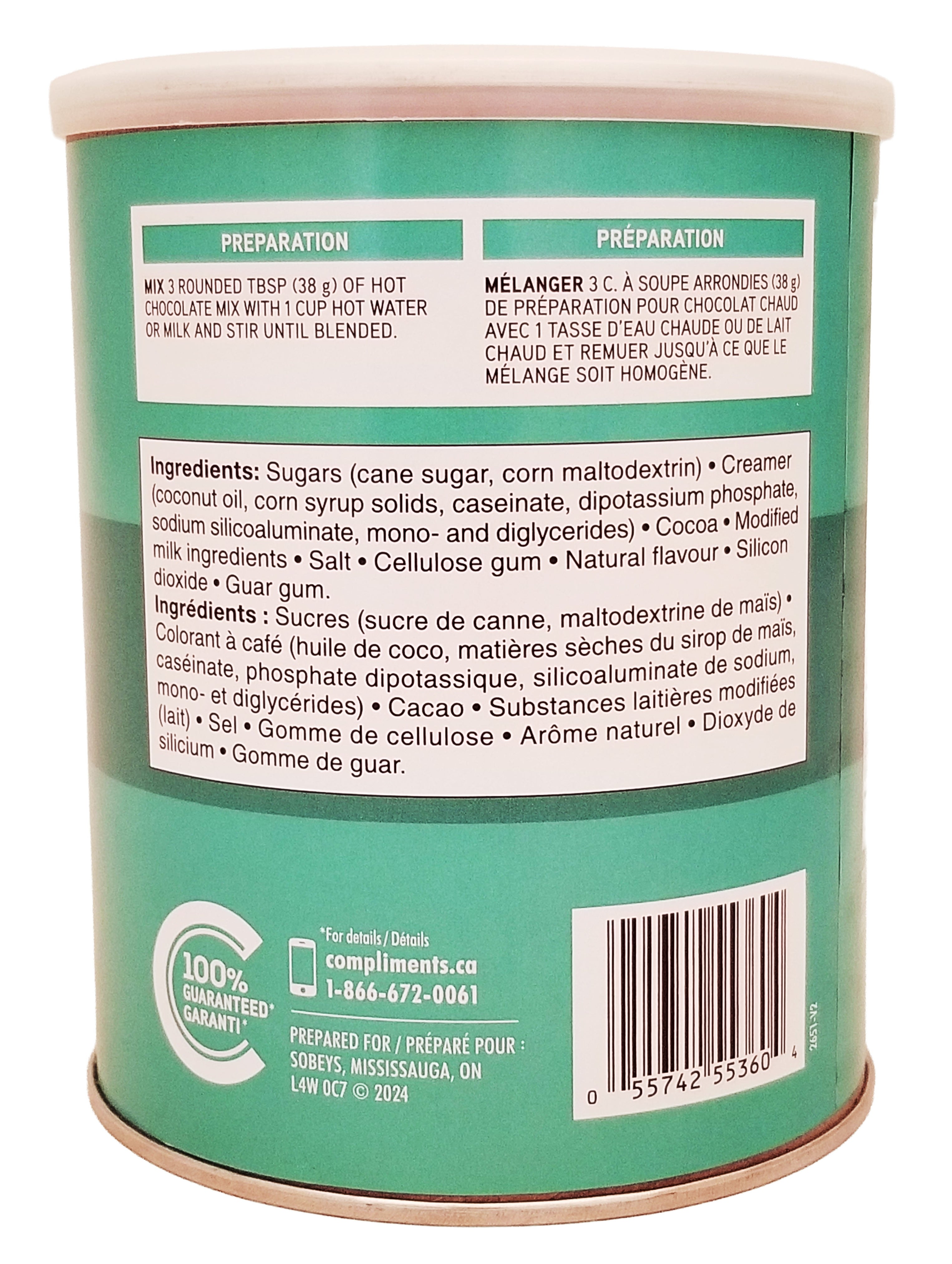 Back of a Compliments Mint Instant Hot Chocolate Mix - 500g green container with text and a barcode on a white background
