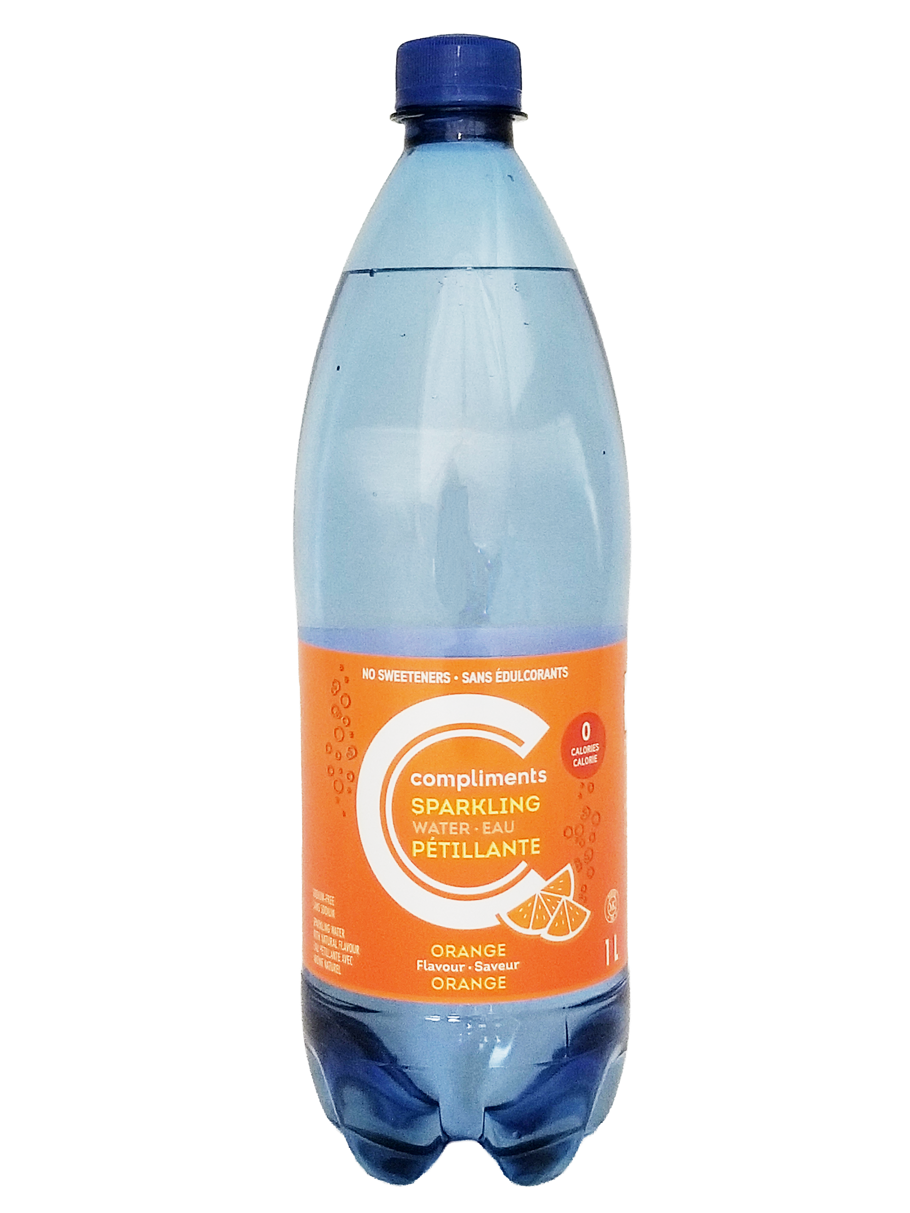 Bottle of Compliments Orange Flavored Sparkling Water, 1L/35.2 fl oz with orange flavor on a white background