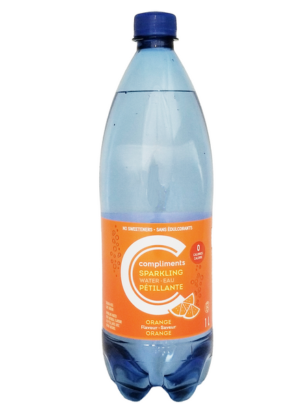 Bottle of Compliments Orange Flavored Sparkling Water, 1L/35.2 fl oz with orange flavor on a white background