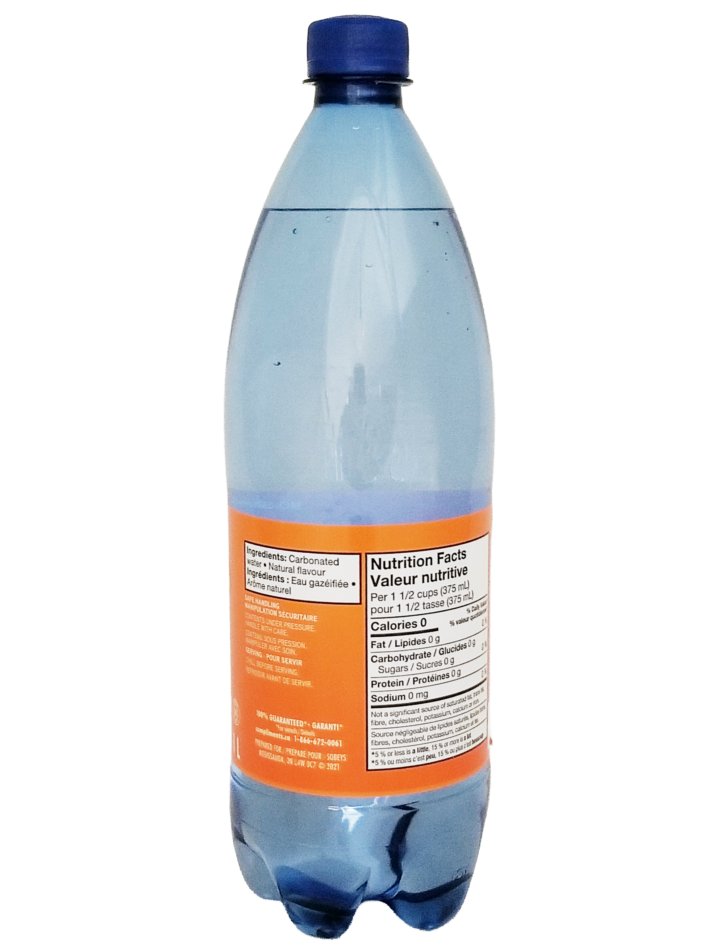Plastic bottle of Compliments Orange Flavored Sparkling Water, 1L/35.2 fl oz with blue cap on a white background