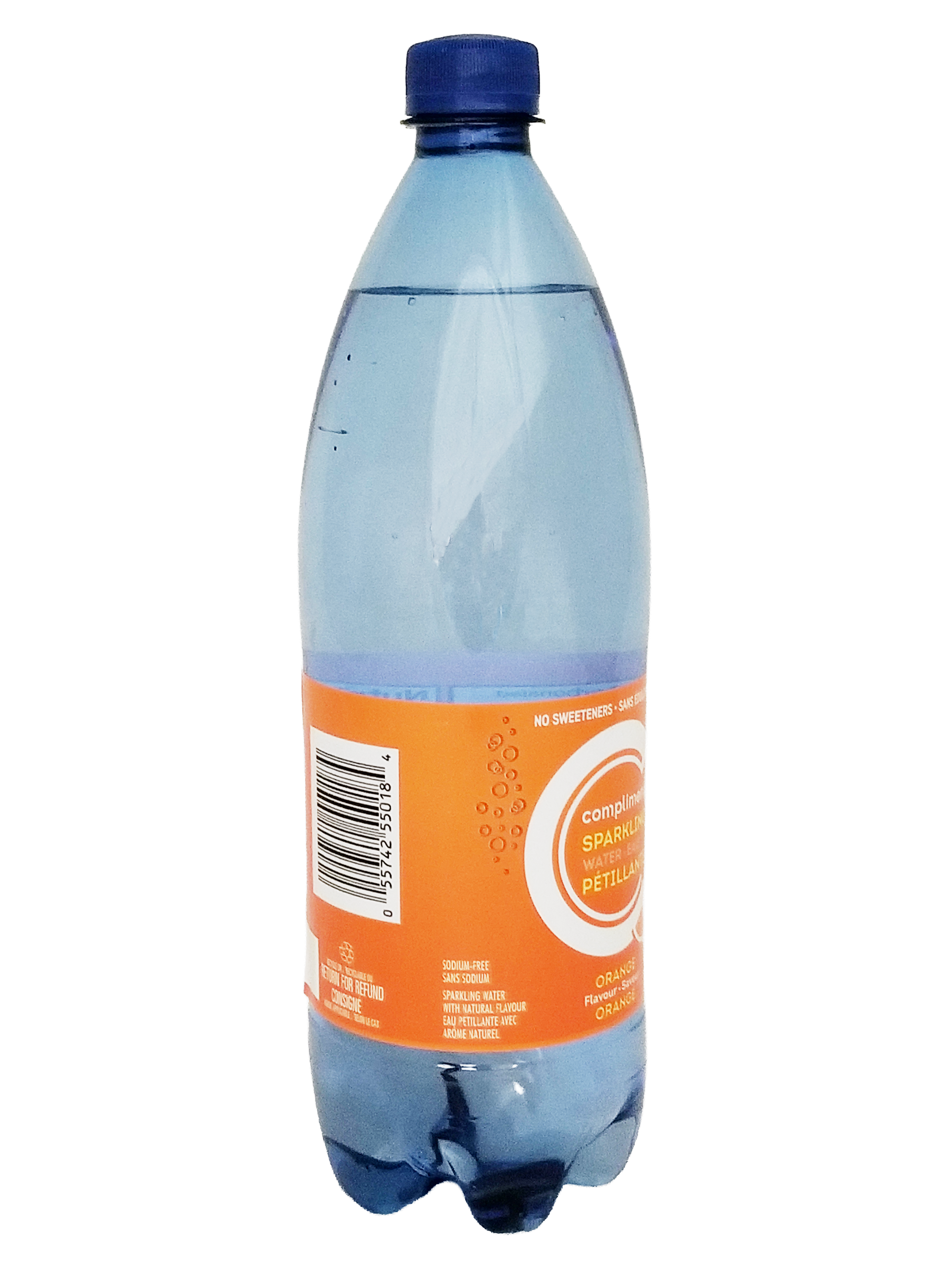 Clear bottle of Compliments Orange Flavored Sparkling Water, 1L/35.2 fl oz with blue cap and orange label on a white background