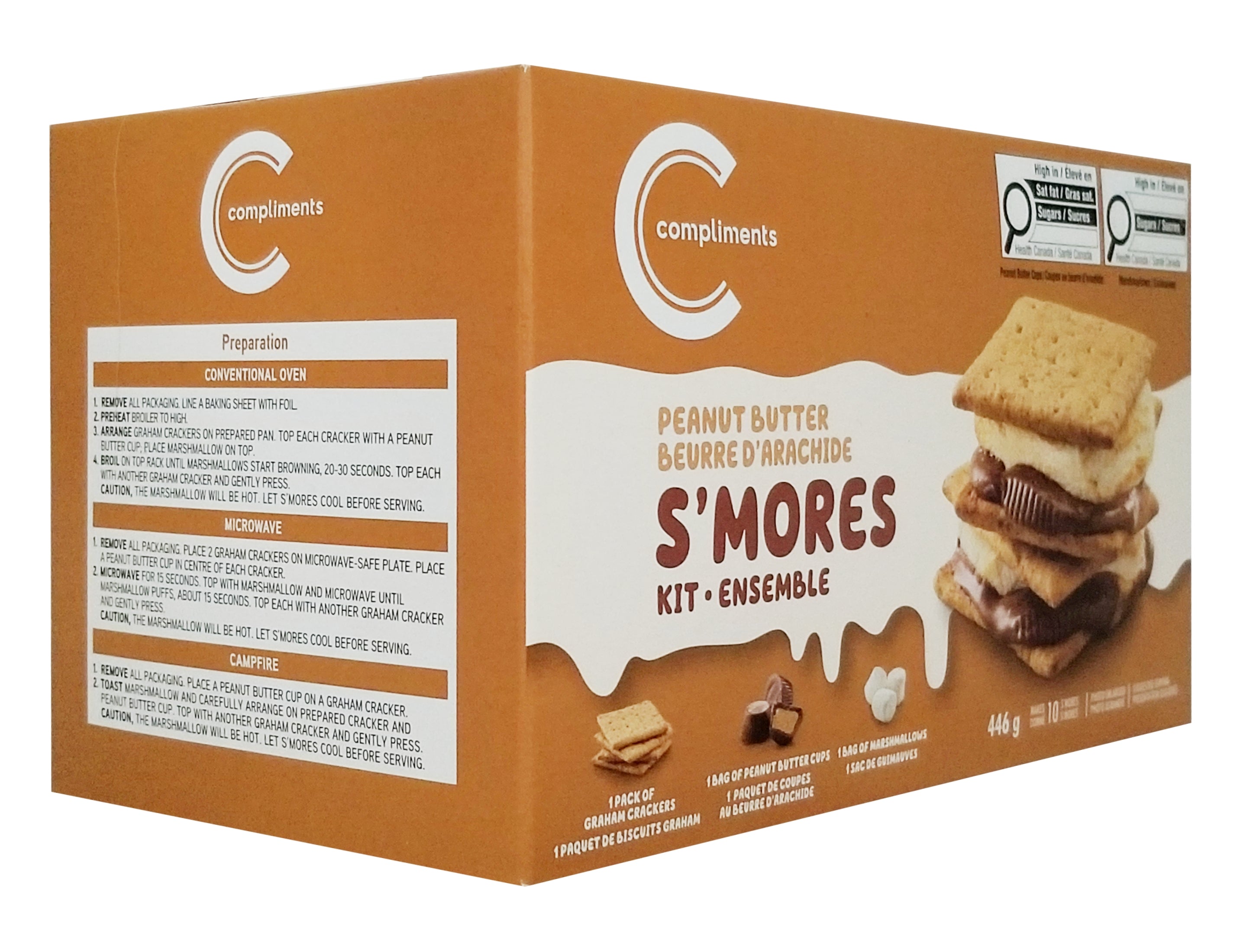 Compliments Peanut Butter S'mores Kit, Makes 10 S'mores, 446g/15.9 oz - Side of Compliments S'mores Kit packaging with a brown background