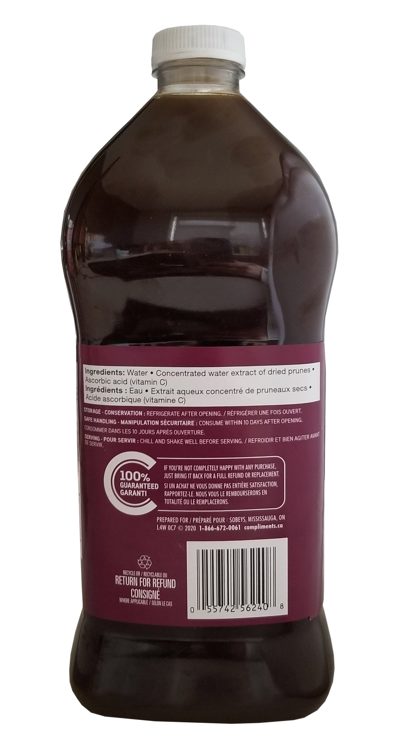 Compliments Prune Nectar Juice - 1.36 L/46 fl. oz. Bottle Back Side