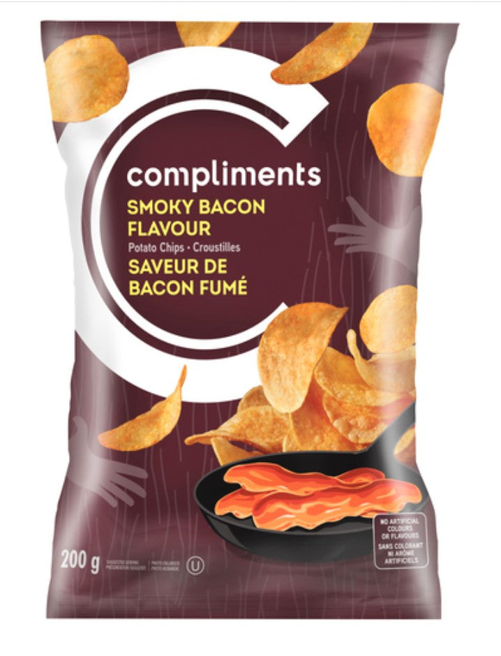 Compliments Smokey Bacon Potato Chips, 200g/7.1 oz.Bag, {Imported from Canada}