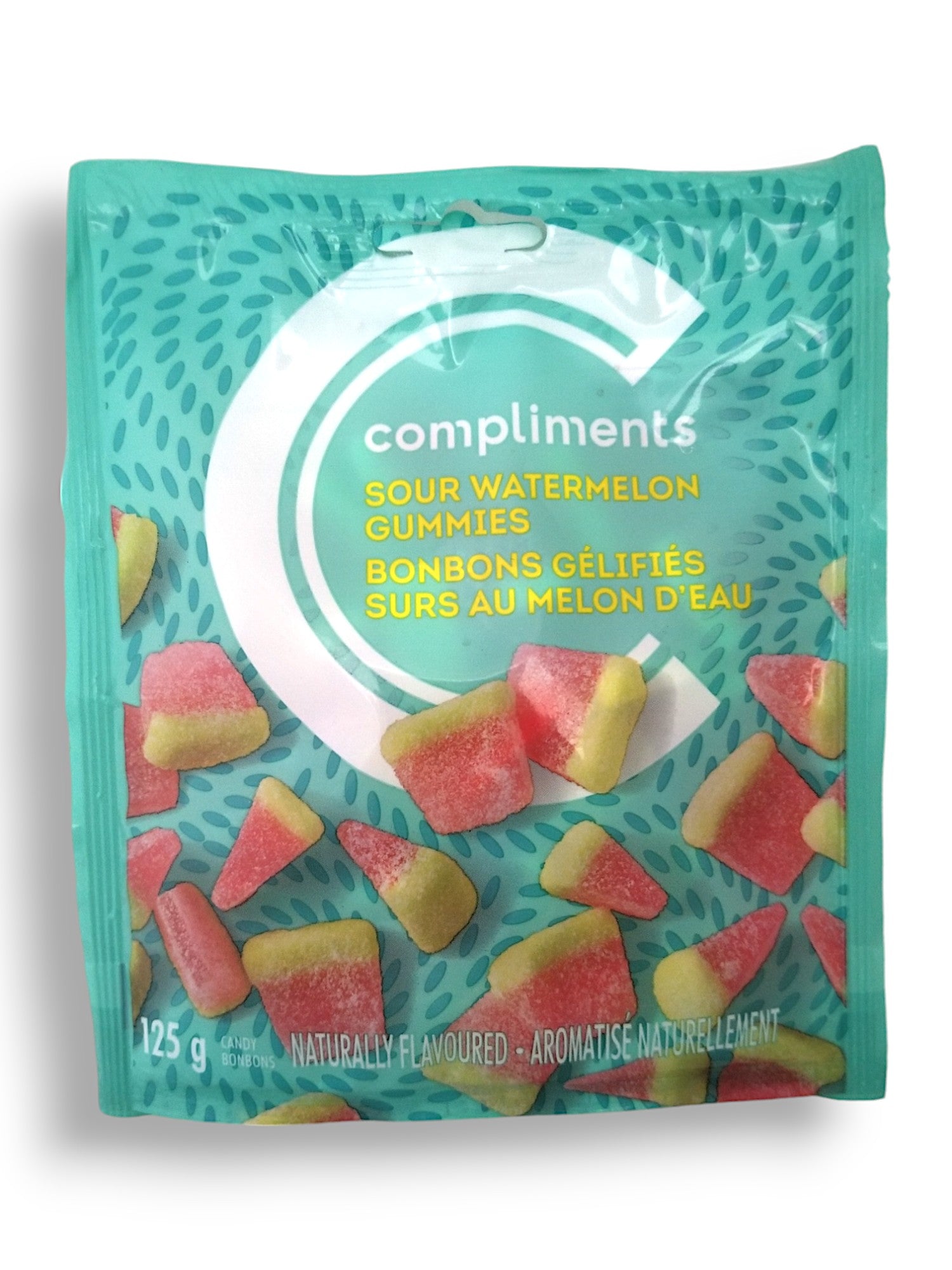 Compliments Sour Watermelon Gummies Candy, 125g/4.4 oz. Bag, front of bag.