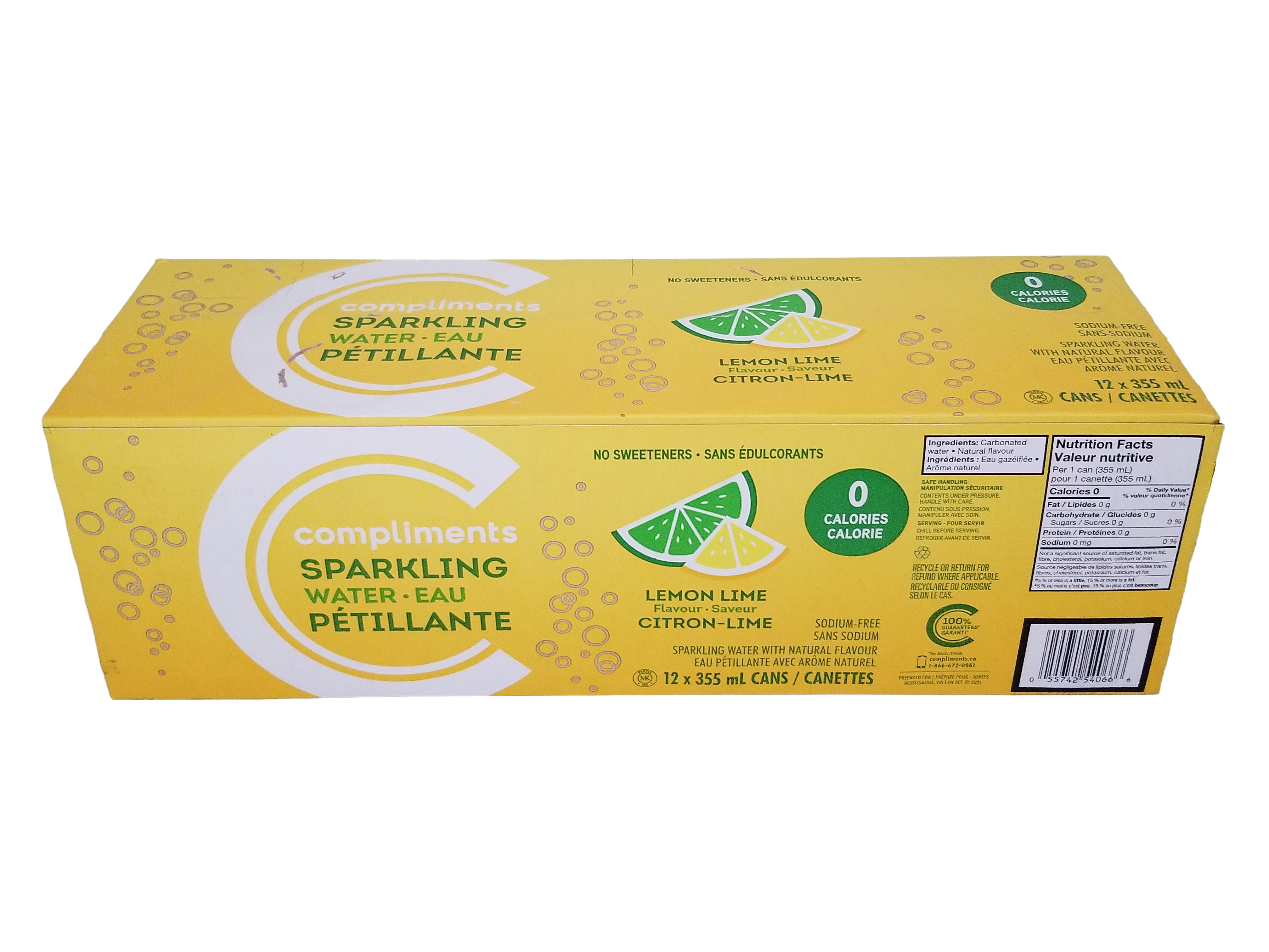 Pack of Compliments Sparkling Water, Lemon Lime Flavor, 12x355ml/12.5 fl oz on a white background