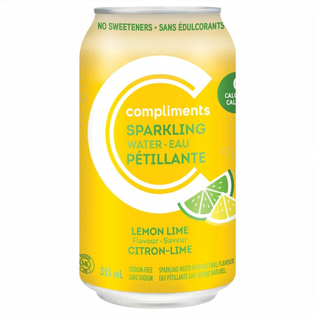 Yellow can of Compliments sparkling water with lemon lime flavor on a white background