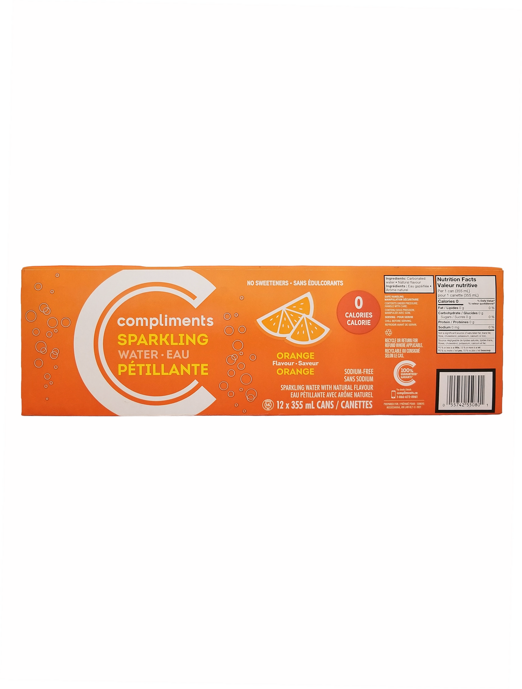 Box of Compliments orange sparkling water on a white background