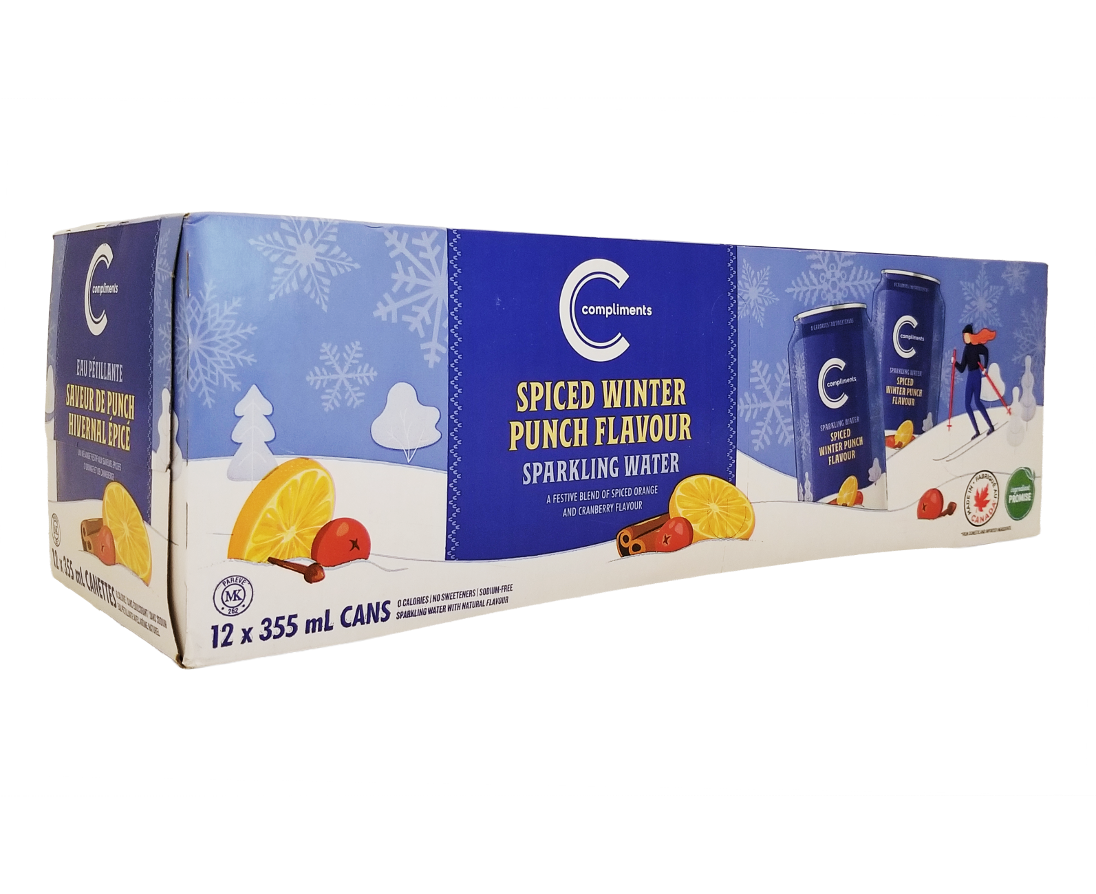 Box of Compliments Spiced Winter Punch Flavour sparkling water cans with winter-themed design.