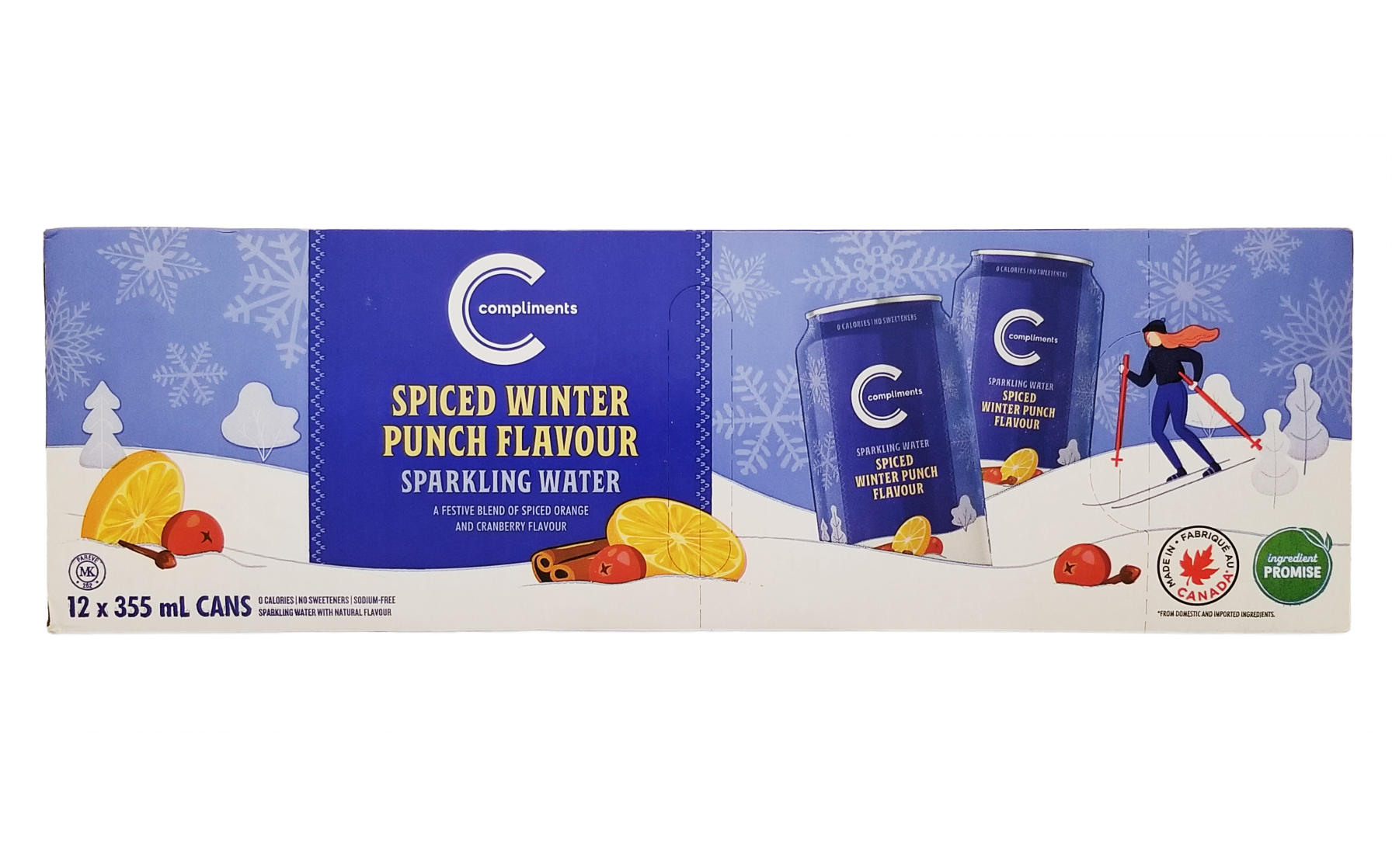 Box of Compliments Spiced Winter Punch Flavour sparkling water with cans and winter-themed graphics.