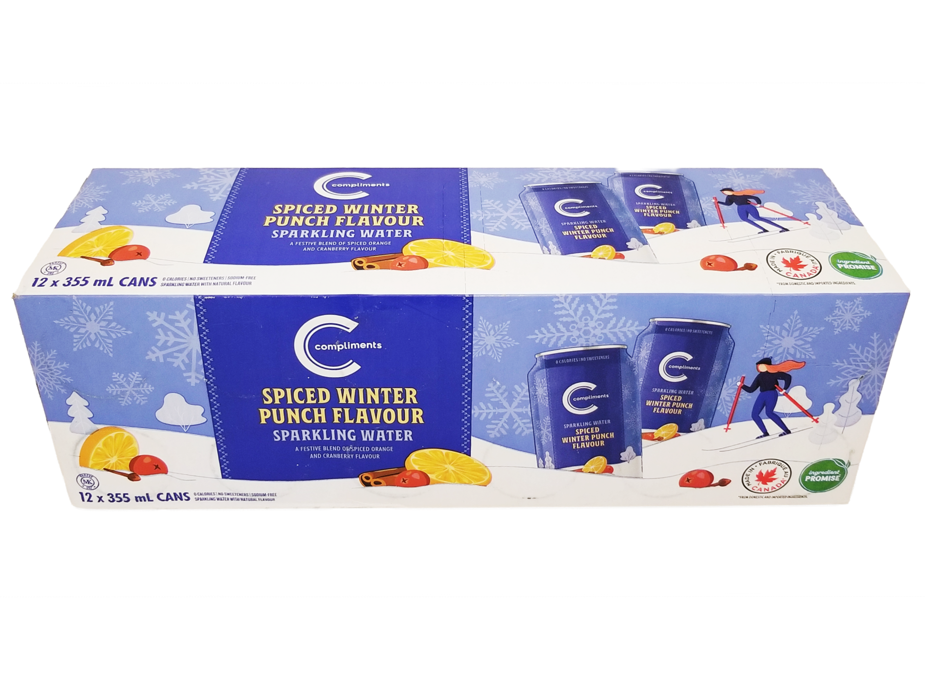 Box of Campovita Spiced Winter Punch Flavour sparkling water cans on a white background