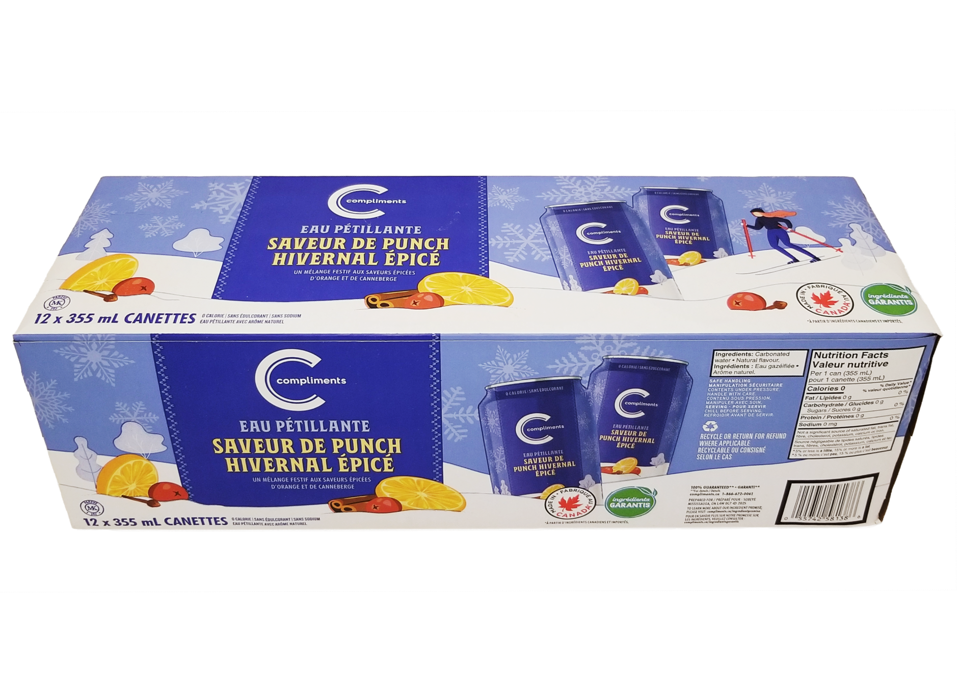 Box of Compliments sparkling winter punch with blue packaging and Canadian flag.