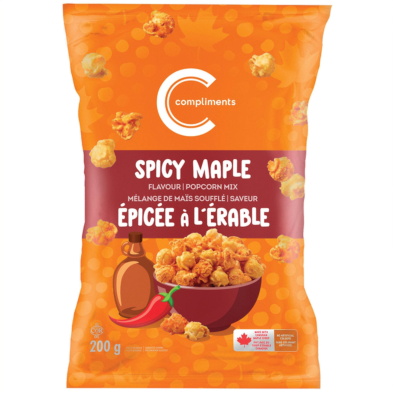 Compliments Spicy Maple Flavored Popcorn Mix, Sweet & Spicy Popcorn Snack 200g/7.1 oz with brand logo on an orange background