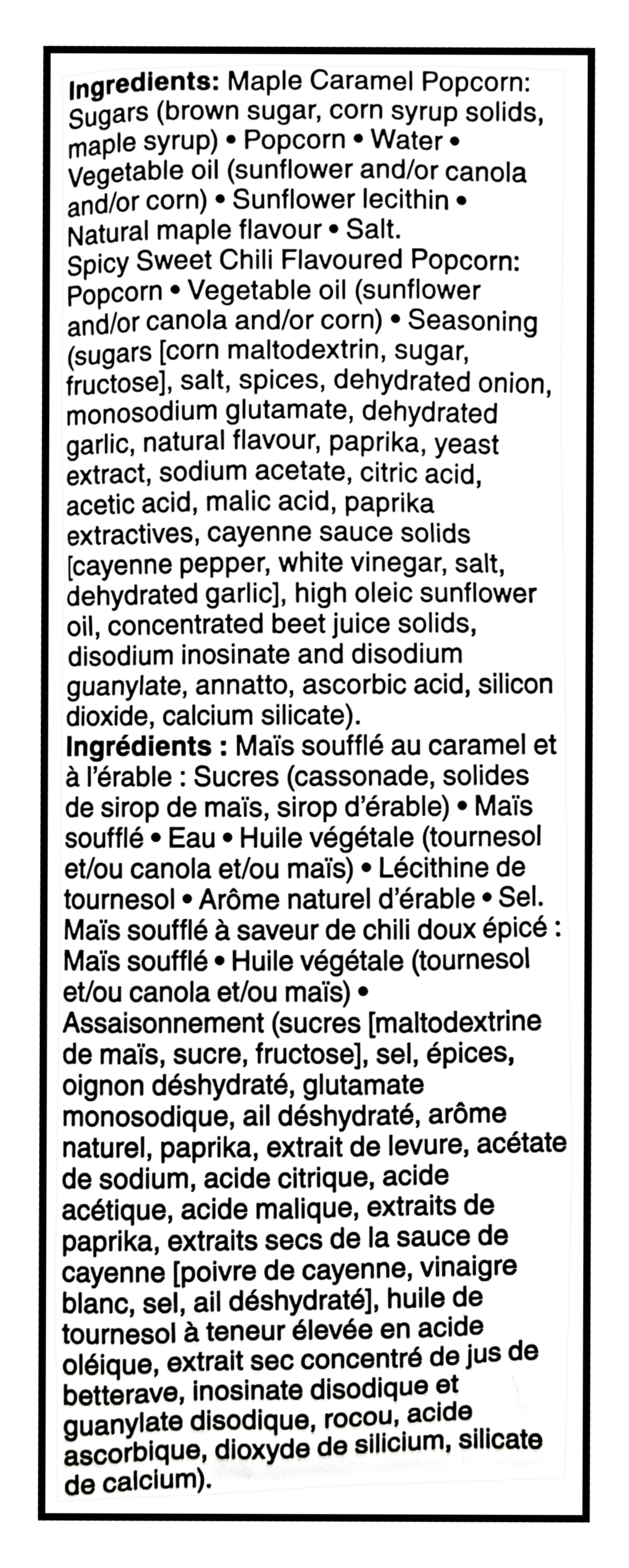 List of ingredients for Compliments Spicy Maple Flavored Popcorn Mix, Sweet & Spicy Popcorn Snack 200g/7.1 oz on a white background