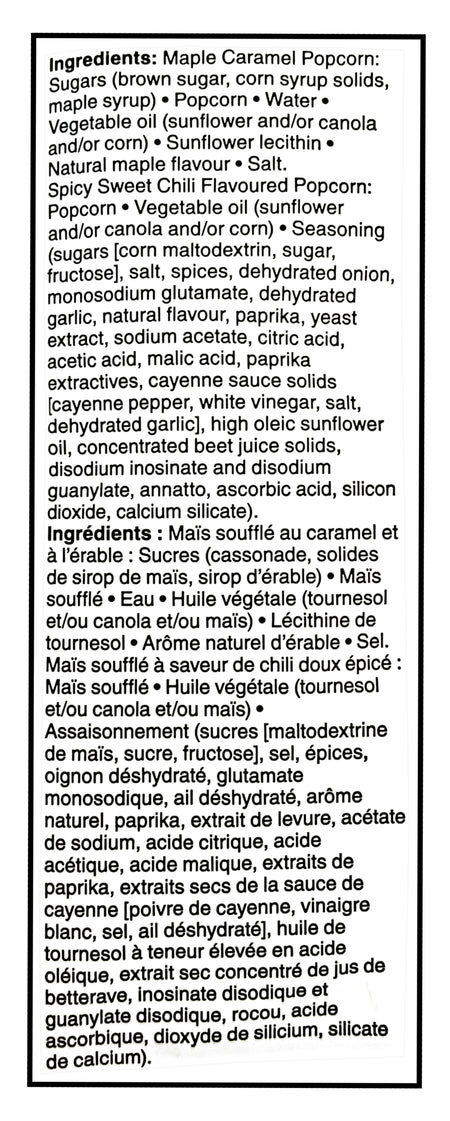 List of ingredients for Compliments Spicy Maple Flavored Popcorn Mix, Sweet & Spicy Popcorn Snack 200g/7.1 oz on a white background