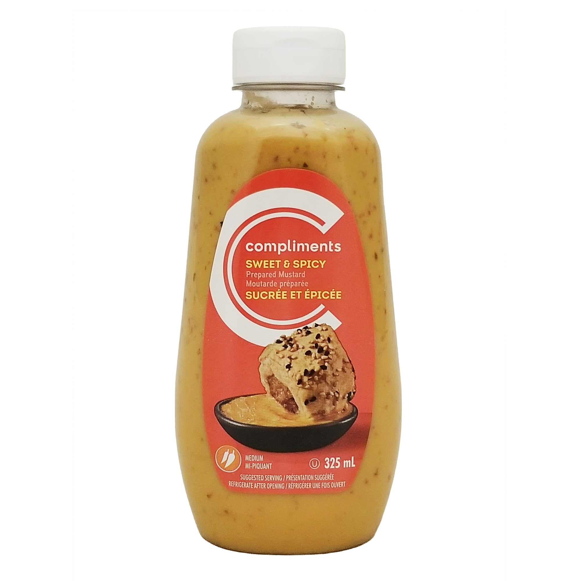 Compliments Sweet & Spicy Mustard 325ml bottle front view Canadian condiment