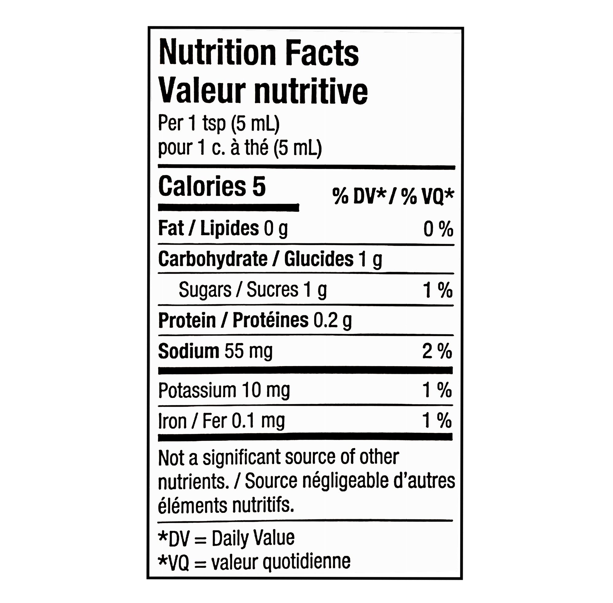 Compliments Sweet & Spicy Mustard 325ml nutrition facts label per 5ml serving