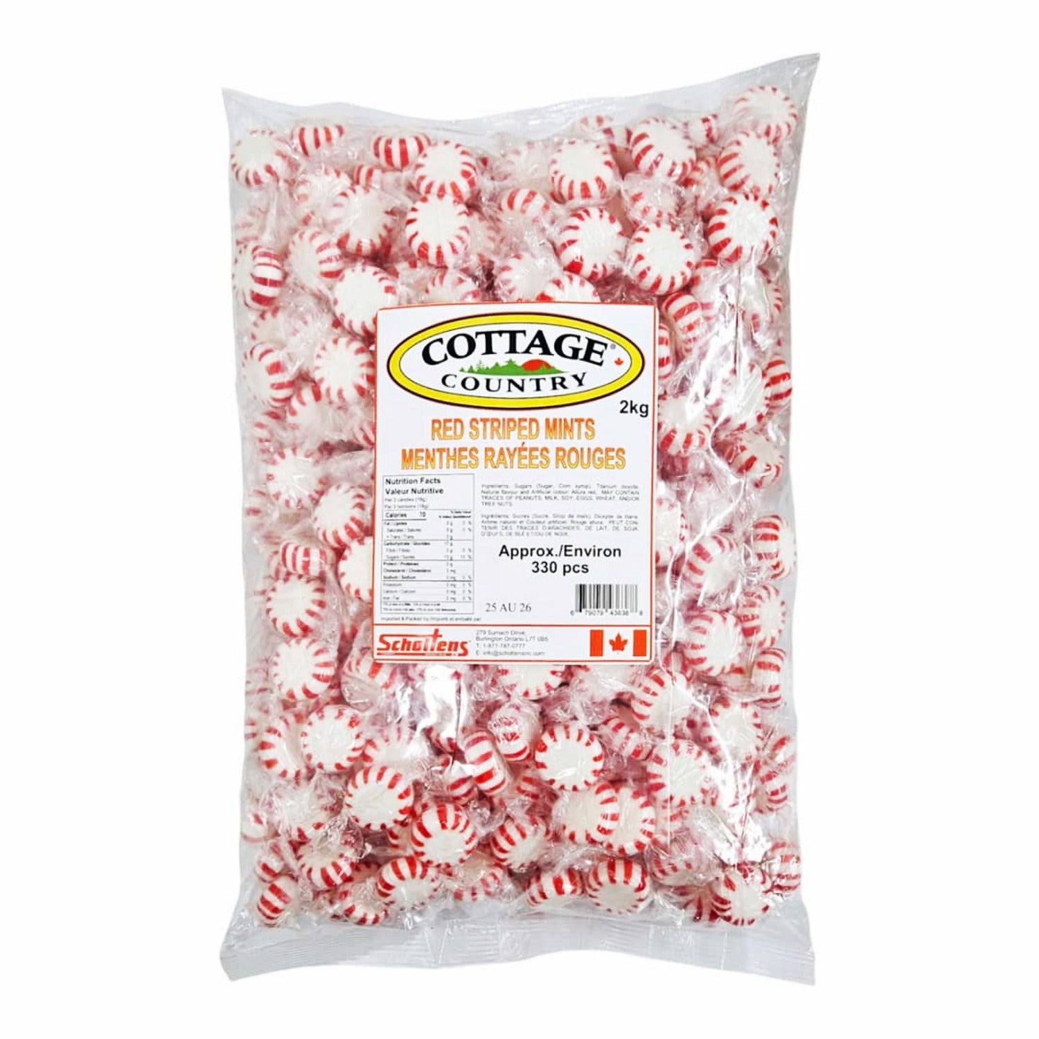 Cottage Country Red Striped Mints 2 kg bulk bag — front of package, Scholtens Candy Inc.