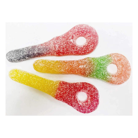 Close-up of three Cottage Country Sour Pleezers gummies in assorted colors with sour sugar coating