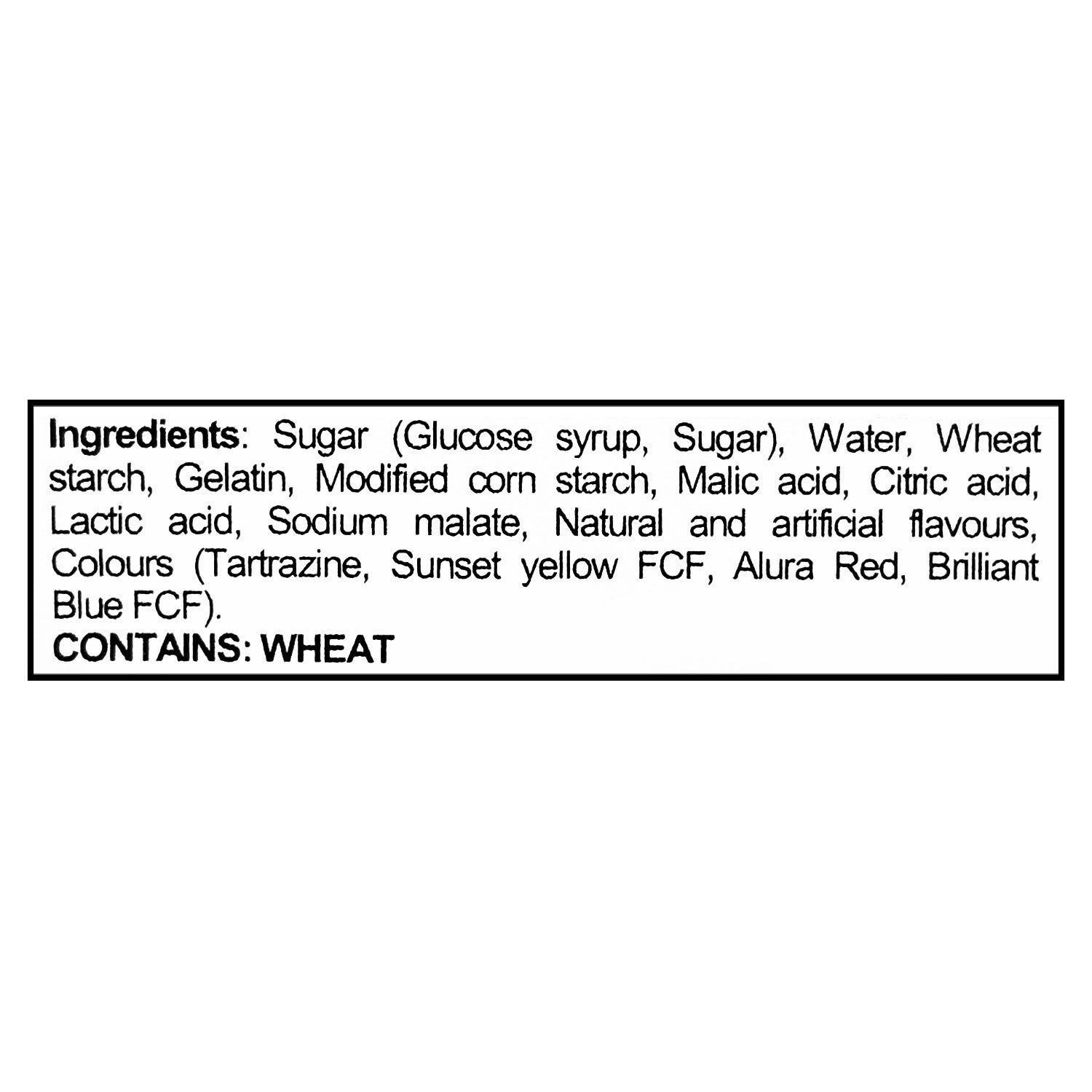 Cottage Country Sour Pleezers ingredients label — sugar, gelatin, malic acid, citric acid, contains wheat