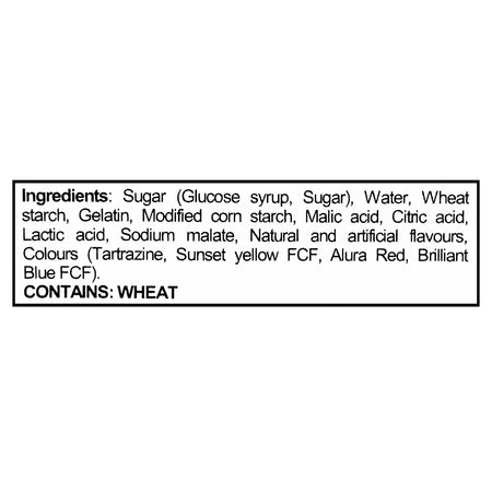 Cottage Country Sour Pleezers ingredients label — sugar, gelatin, malic acid, citric acid, contains wheat