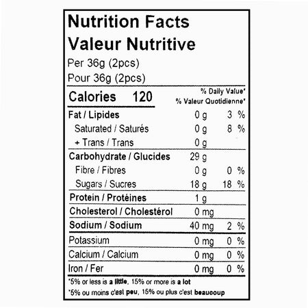 Cottage Country Sour Pleezers nutrition facts — 120 calories per 2 pieces, 36 g serving