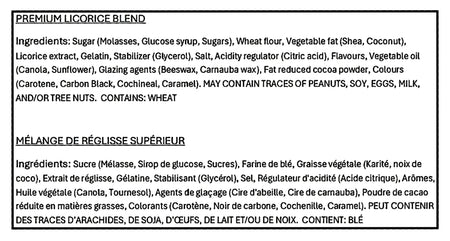 Ingredients list for Cottage Country Premium Licorice Blend, Authentic Candy - 800g on a white background
