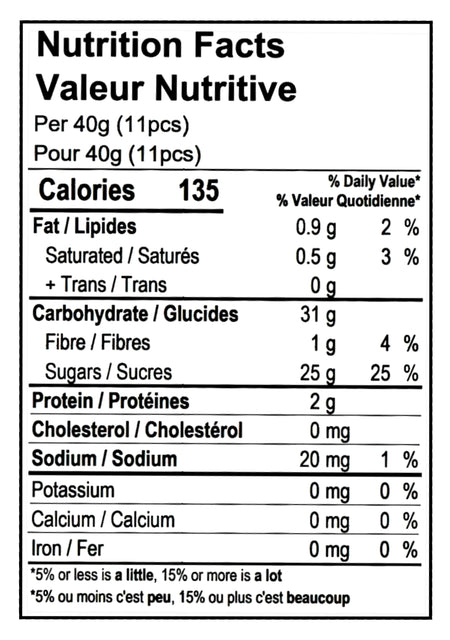 Nutrition facts label for Cottage Country Premium Licorice Blend - 800g with 135 calories per 40g serving.