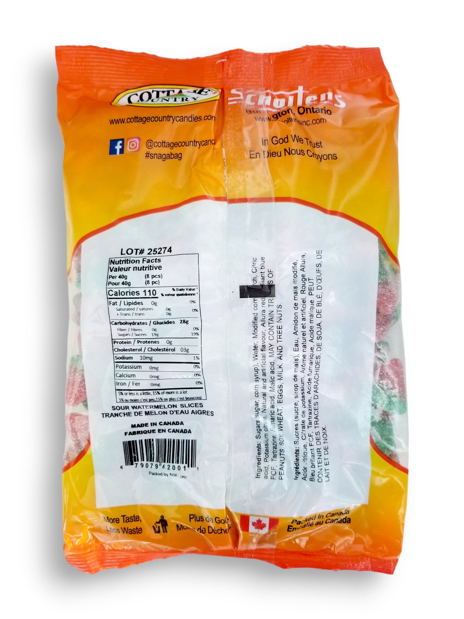 Cottage Country Sour Blue Foot Gummy Candy, 1kg, back of bag.