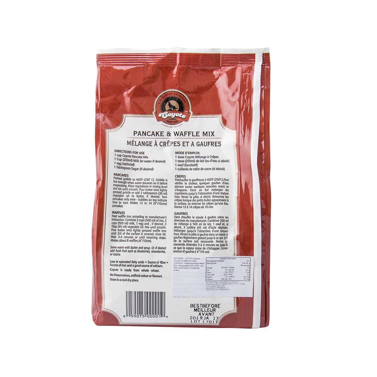 Coyote Original Pancake Mix, 900g/31.8 oz. Bag Back Side
