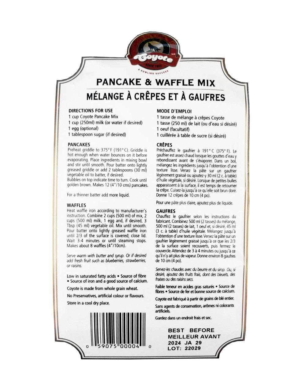 Coyote Original Pancake & Waffle Mix, 1.5kg/3.28 lbs. Bag Instructions