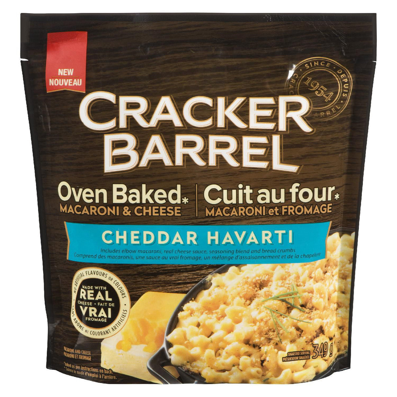 Cracker Barrel Oven Baked Macaroni & Cheese, Cheddar Havarti Cheese, 349g/12 oz. Bag Front Side