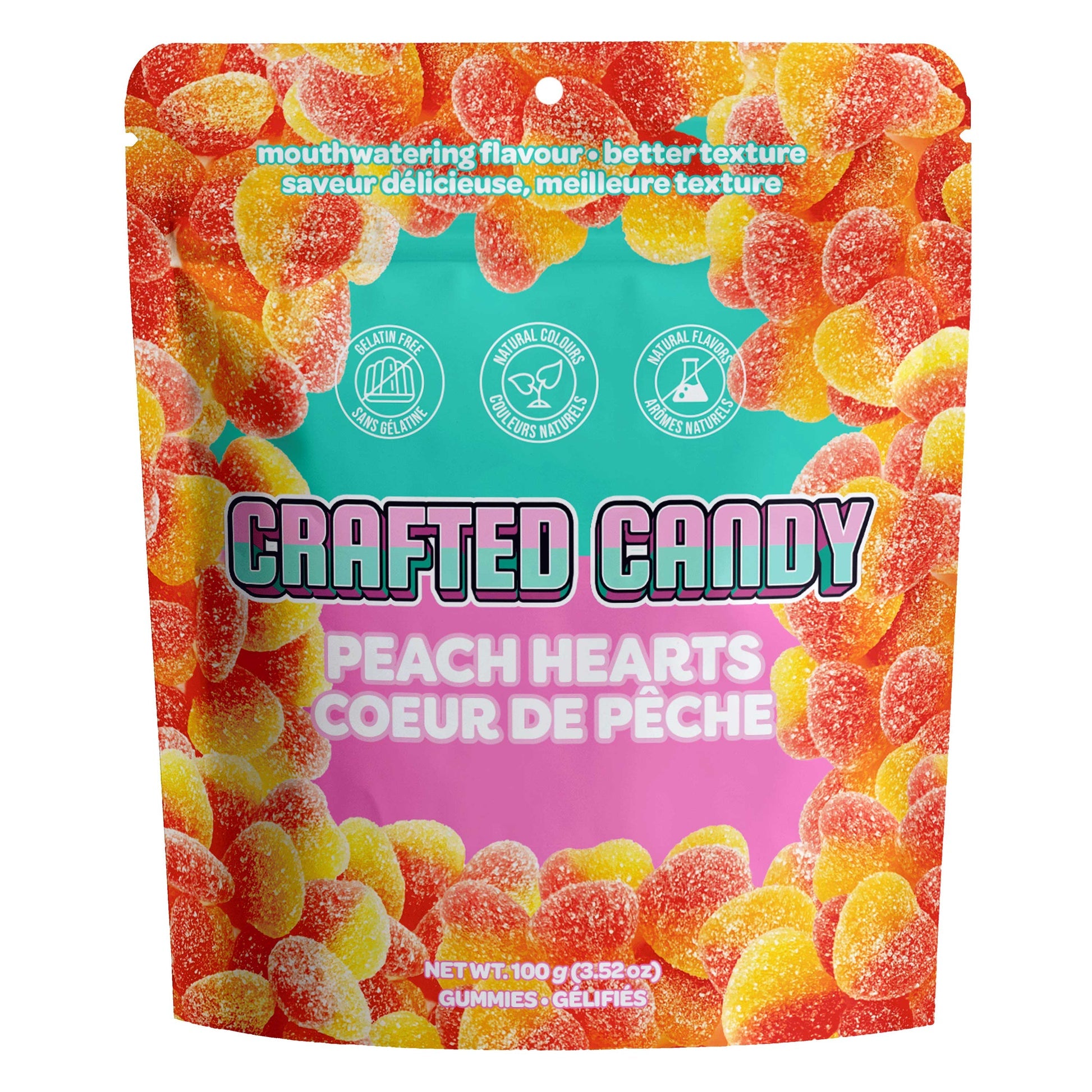 Crafted Candy Peach Hearts 100g, front of bag.