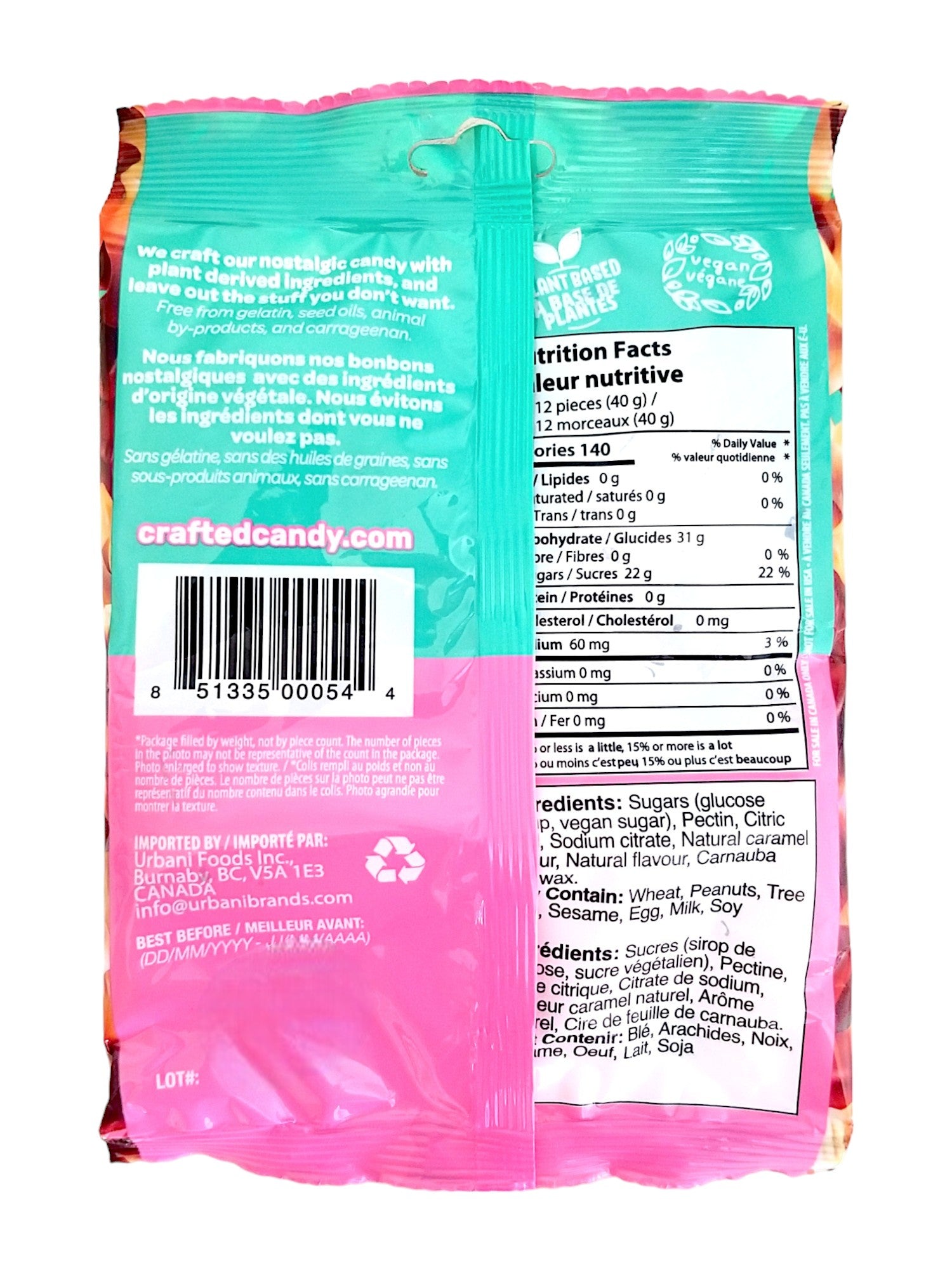 Crafted Candy Cola Gummies 100g, back of bag.