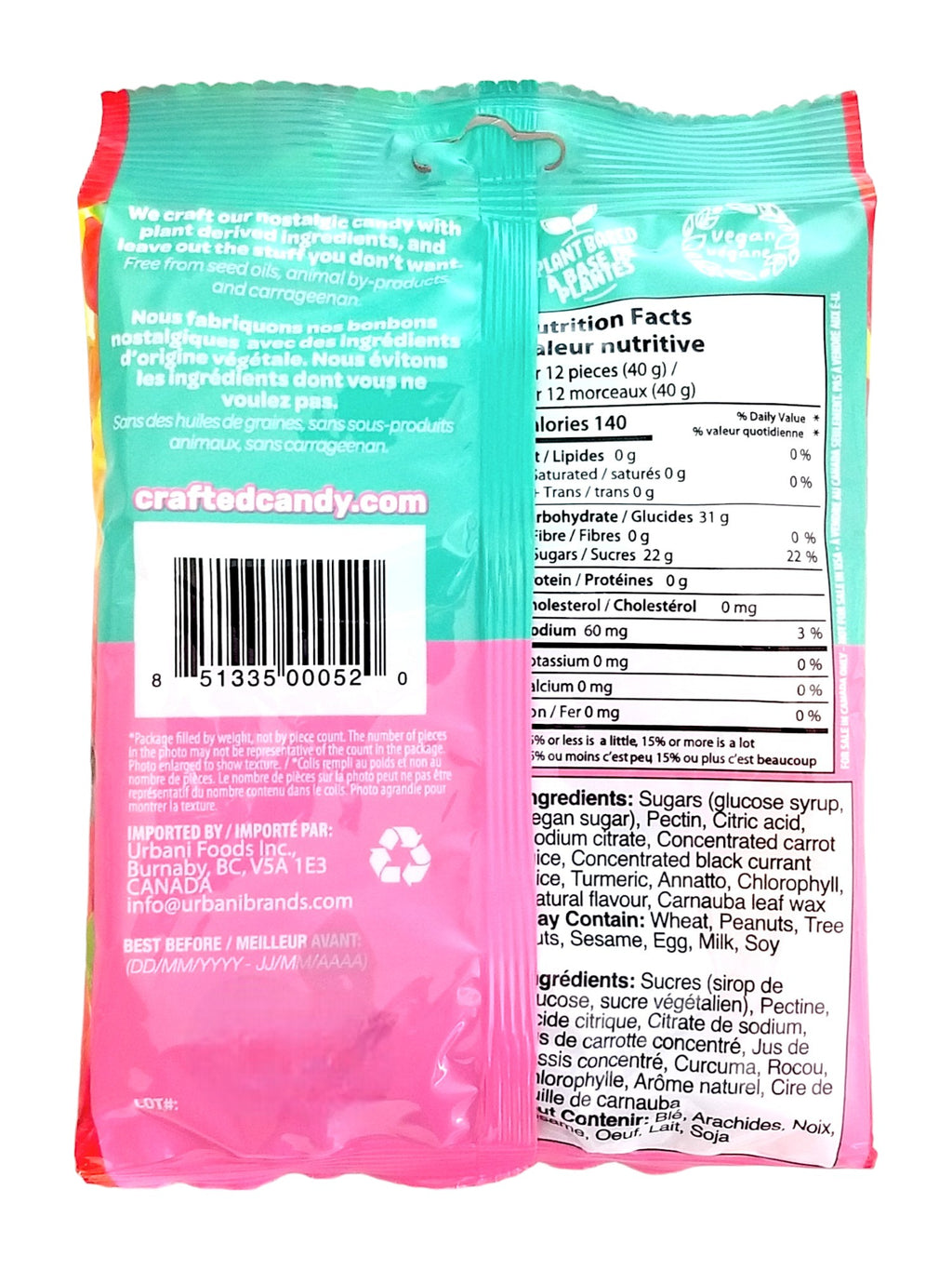 Crafted Candy Gummy Bears Candy 100g, back of bag.
