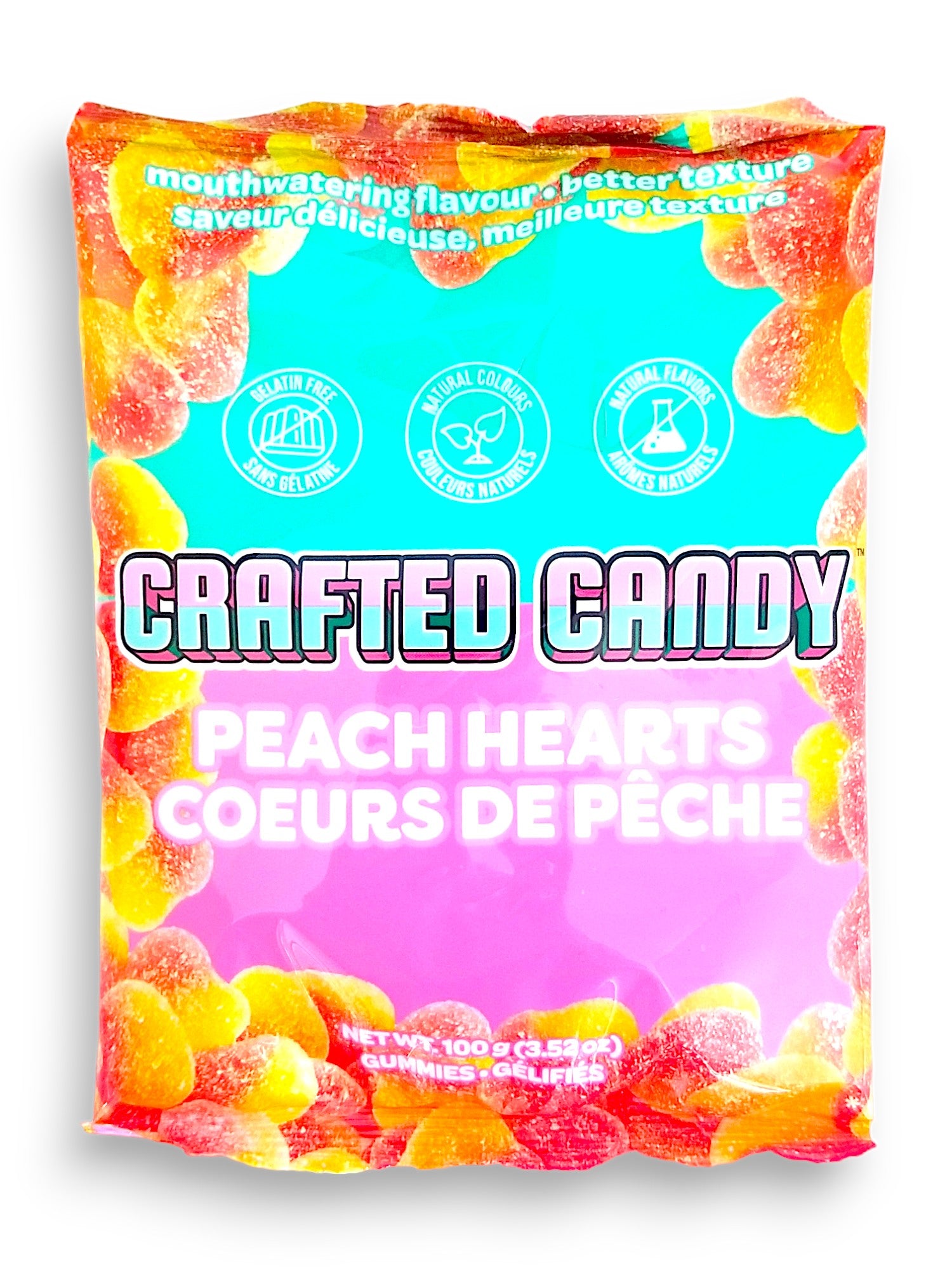 Crafted Candy Peach Hearts 100g, front of bag.