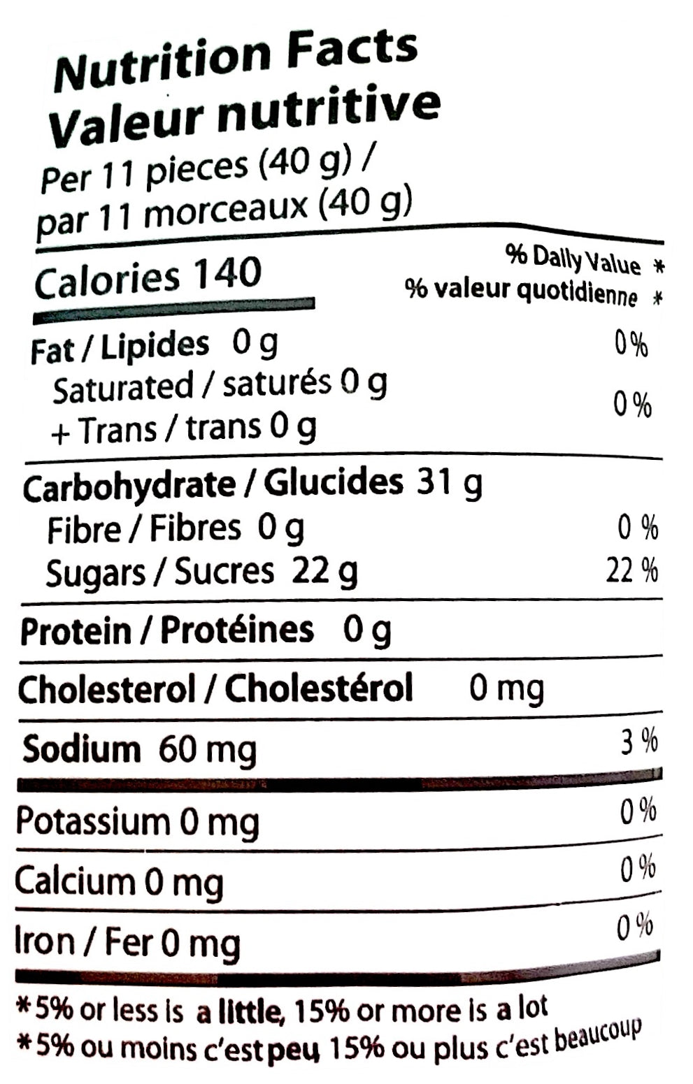 Crafted Candy Peach Hearts 100g, nutrition facts label.