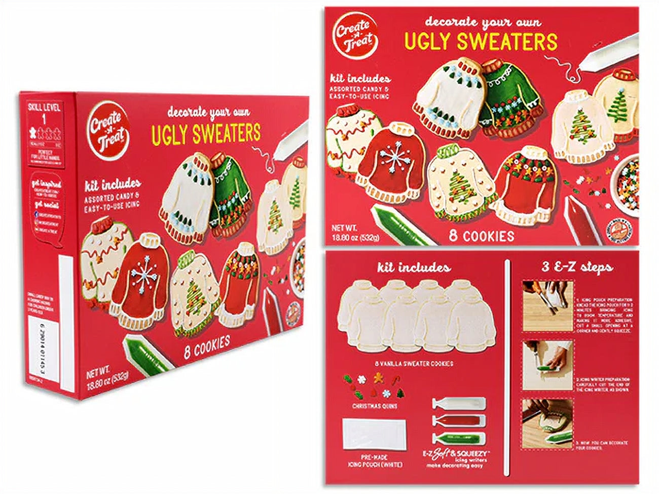 Front & back of Create A Treat Ugly Sweater Cookies Decorating Kit, 8 Cookies, 406g/14.3 oz. Box